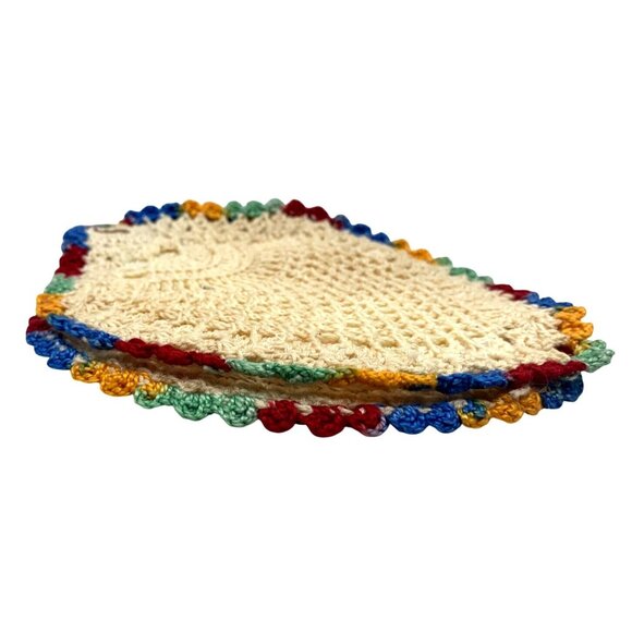 2 Crochet Rainbow Edge Doily Table Place Mat Trivet Coaster Hot Pad Pot Holder - Picture 6 of 11